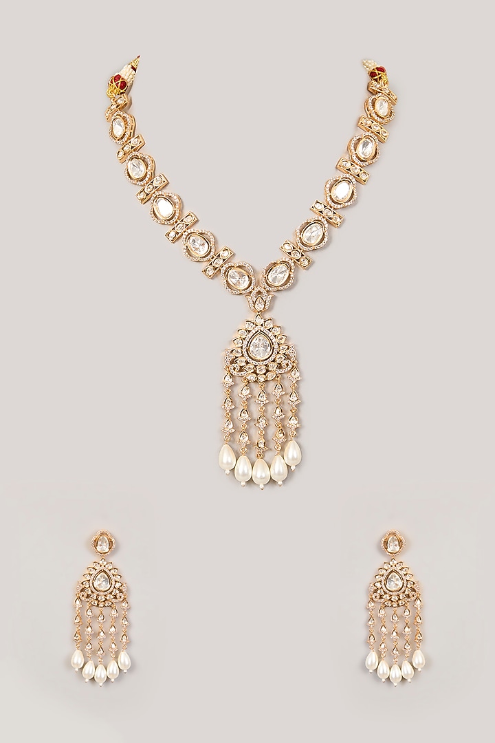 Gold Finish Kundan Polki & Aqua Beaded Long Necklace Set by Aura Trends at Pernia's Pop Up Shop