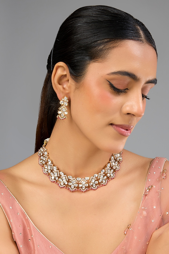 Gold Finish Kundan Polki Necklace Set by Aura Trends at Pernia's Pop Up Shop