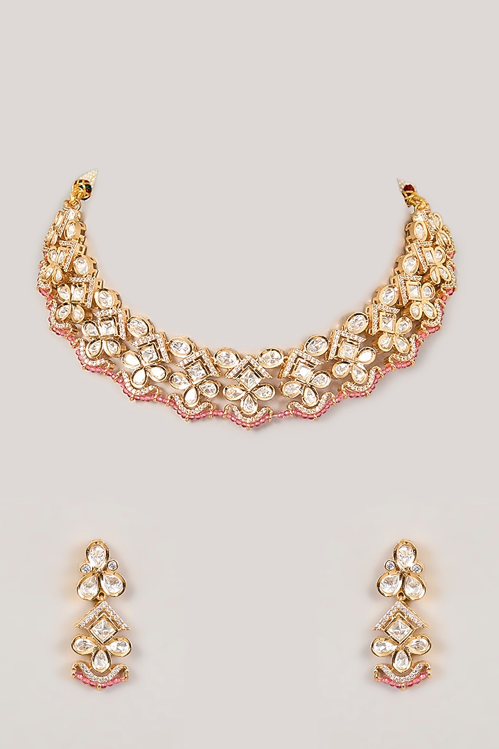 Gold Finish Kundan Polki Necklace Set by Aura Trends at Pernia's Pop Up Shop