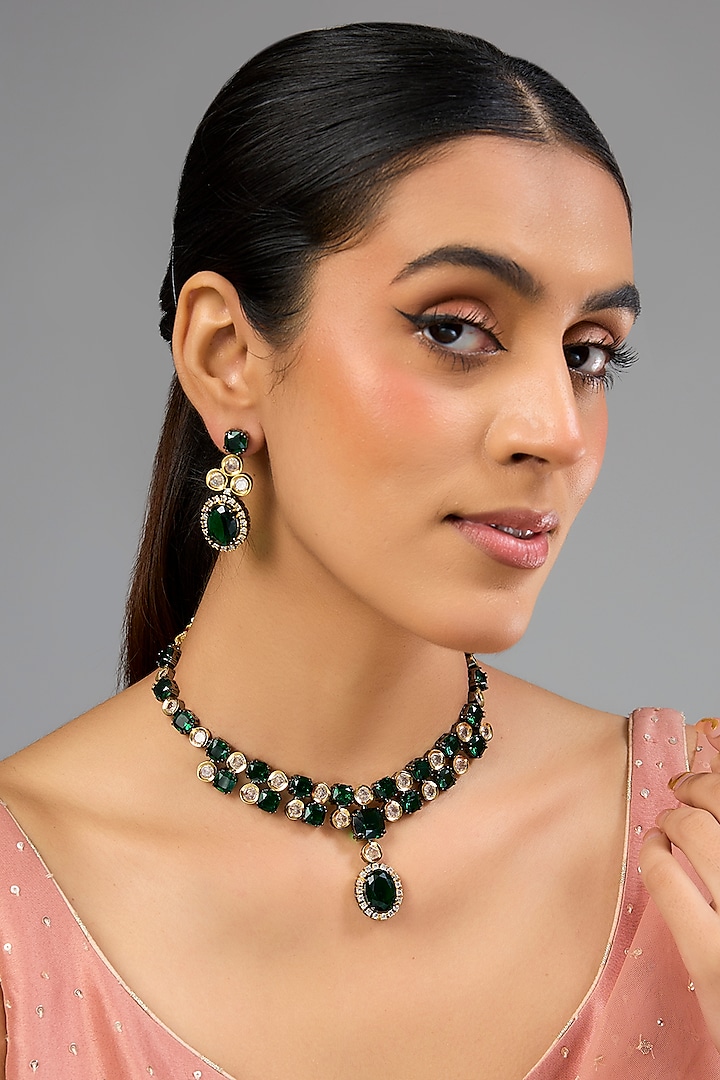 Victorian Finish Emerald Green Stone Choker Necklace Set by Auraa Trends at Pernia's Pop Up Shop