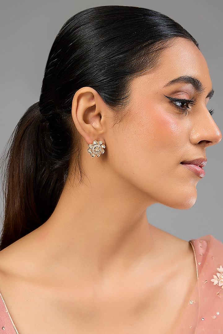 Gold Finish Crystal Stone Floral Stud Earrings by Auraa Trends at Pernia's Pop Up Shop