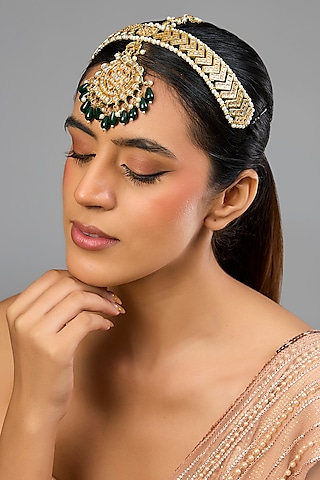 Gold Finish Kundan Stone & Green Beaded Mathapatti by Aura Trends