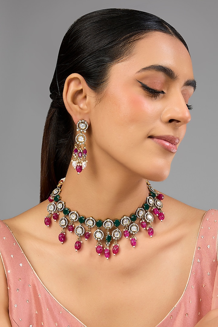 Gold Finish Green Stone & Kundan Polki Necklace Set by Auraa Trends at Pernia's Pop Up Shop