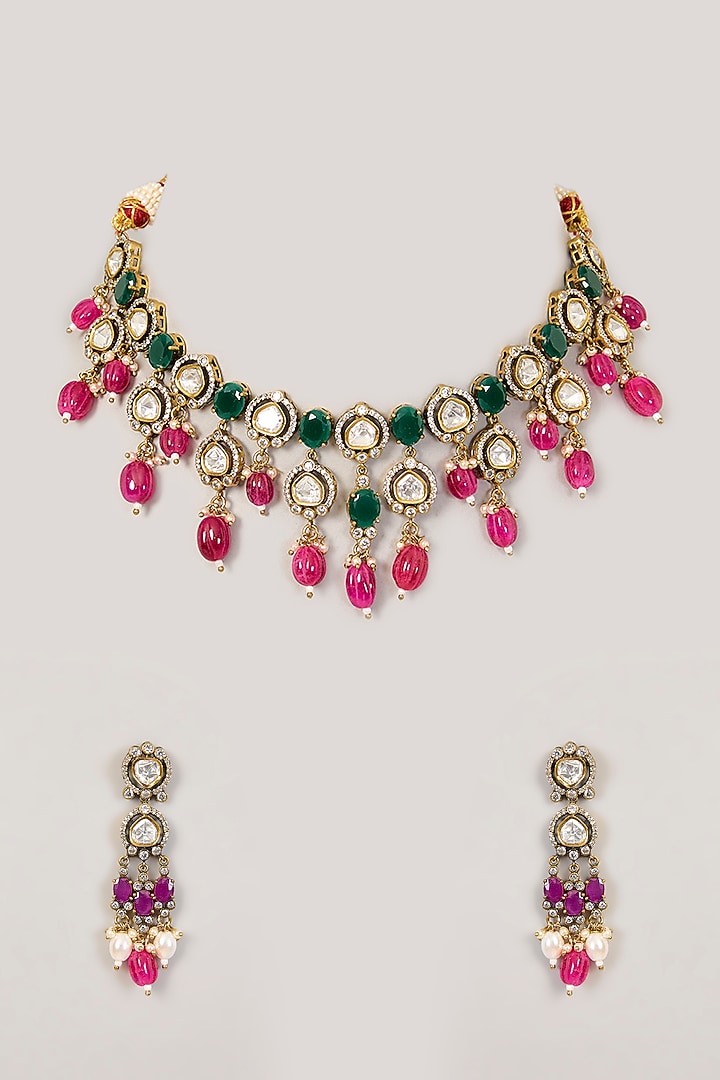 Gold Finish Green Stone & Kundan Polki Necklace Set by Aura Trends at Pernia's Pop Up Shop
