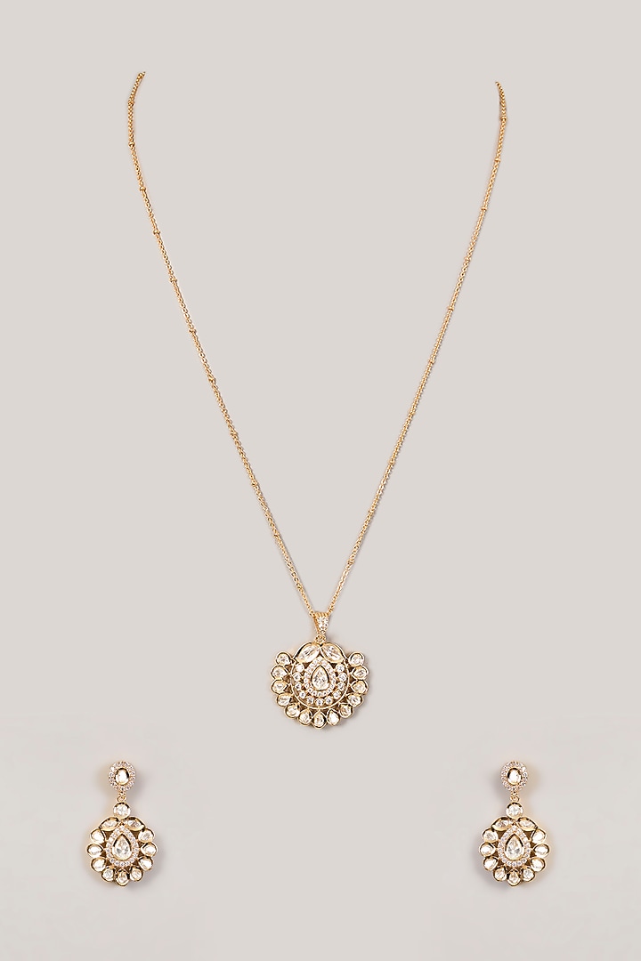 Gold Finish American Diamond & Kundan Polki Floral Necklace Set by Aura Trends at Pernia's Pop Up Shop