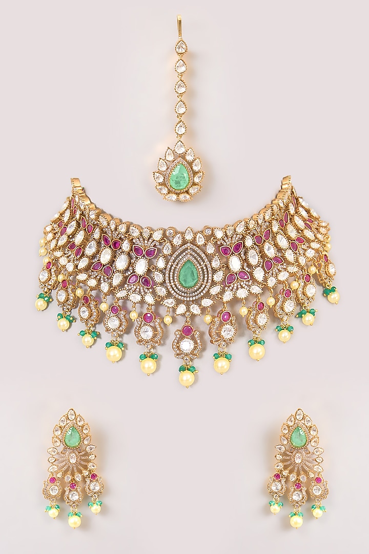 Two-Tone Finish Pearl & Blue Stone Necklace Set by Aura Trends at Pernia's Pop Up Shop