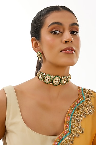 Two-Tone Finish Emerald Stone Beaded Choker Necklace Set by Aura Trends
