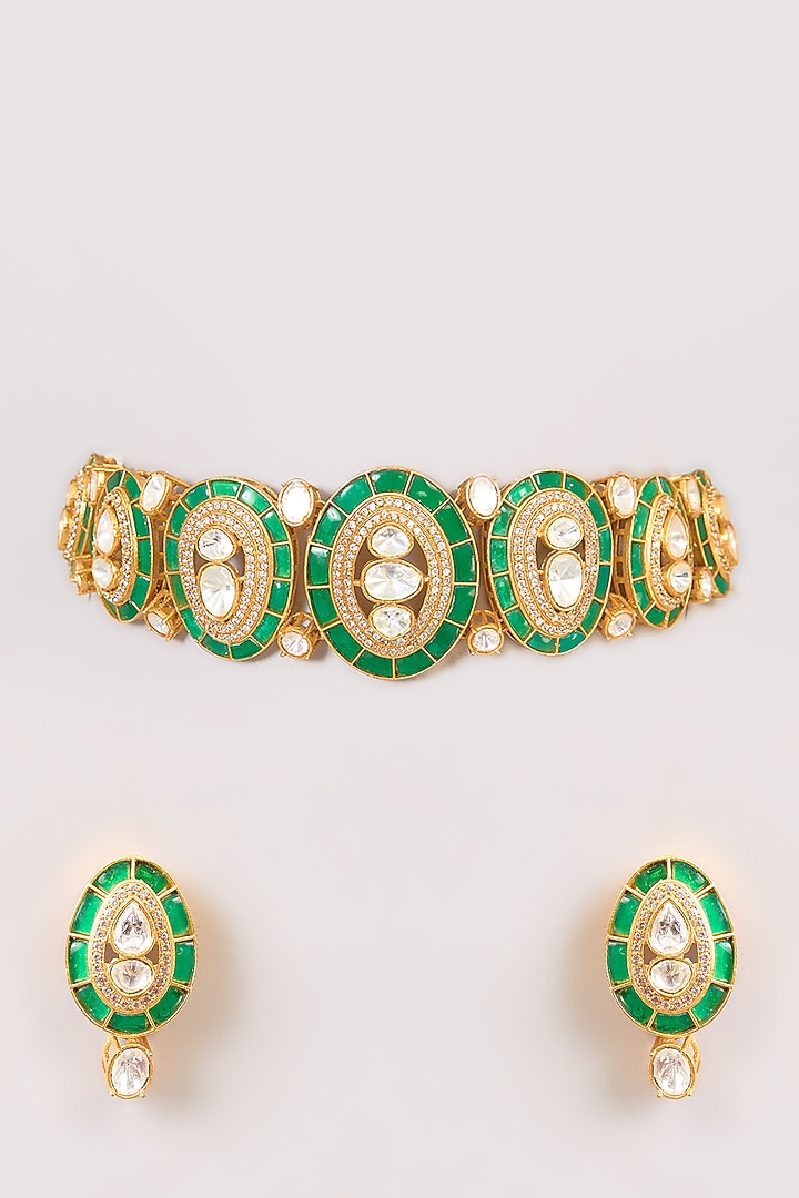 Two-Tone Finish Emerald Stone Beaded Choker Necklace Set by Aura Trends at Pernia's Pop Up Shop