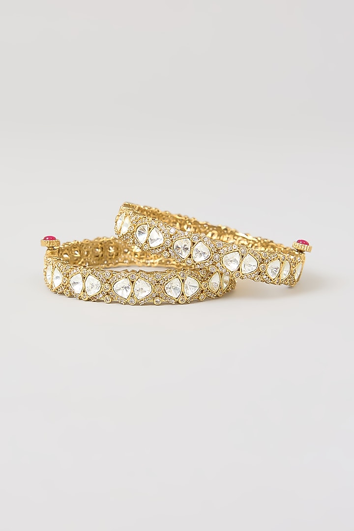 Gold Finish Kundan Polki & Beaded Enameled Bangles (Set of 2) by Aura Trends at Pernia's Pop Up Shop