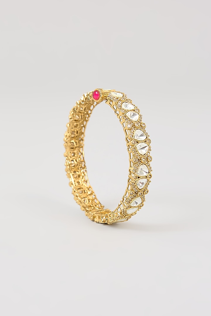 Gold Finish Kundan Polki & Beaded Enameled Bangles (Set of 2) by Aura Trends at Pernia's Pop Up Shop