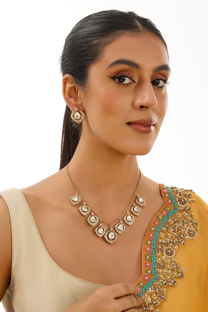 Gold Finish Kundan Polki Necklace Set by Auraa Trends at Pernia's Pop Up Shop