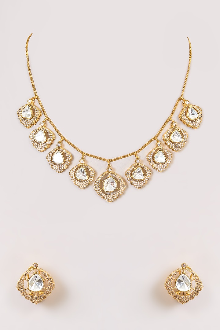Gold Finish Kundan Polki Necklace Set by Aura Trends at Pernia's Pop Up Shop