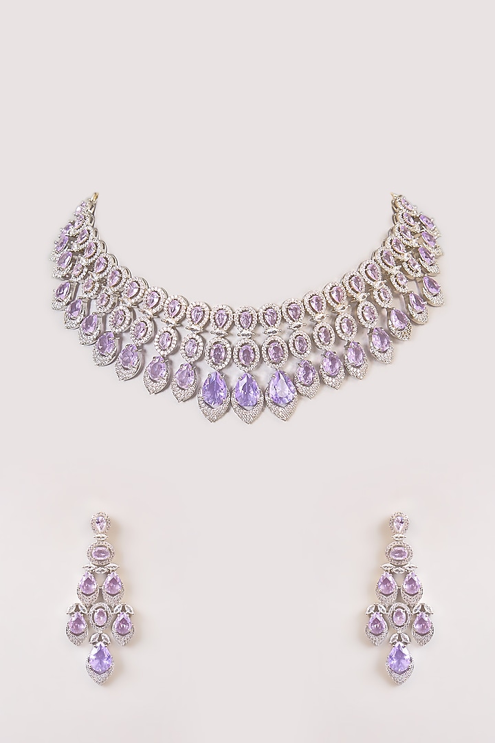 White Finish Kundan Polki & Purple Stone Necklace Set by Aura Trends at Pernia's Pop Up Shop