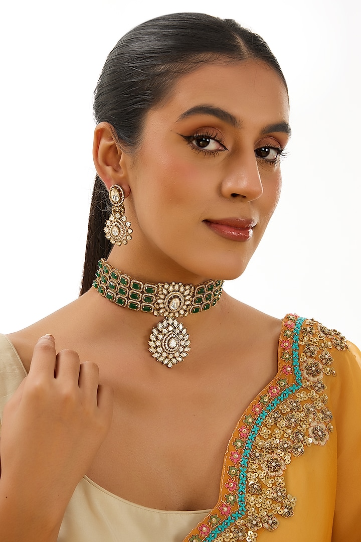 Gold Finish Kundan Polki & Green Stone Necklace Set by Auraa Trends at Pernia's Pop Up Shop