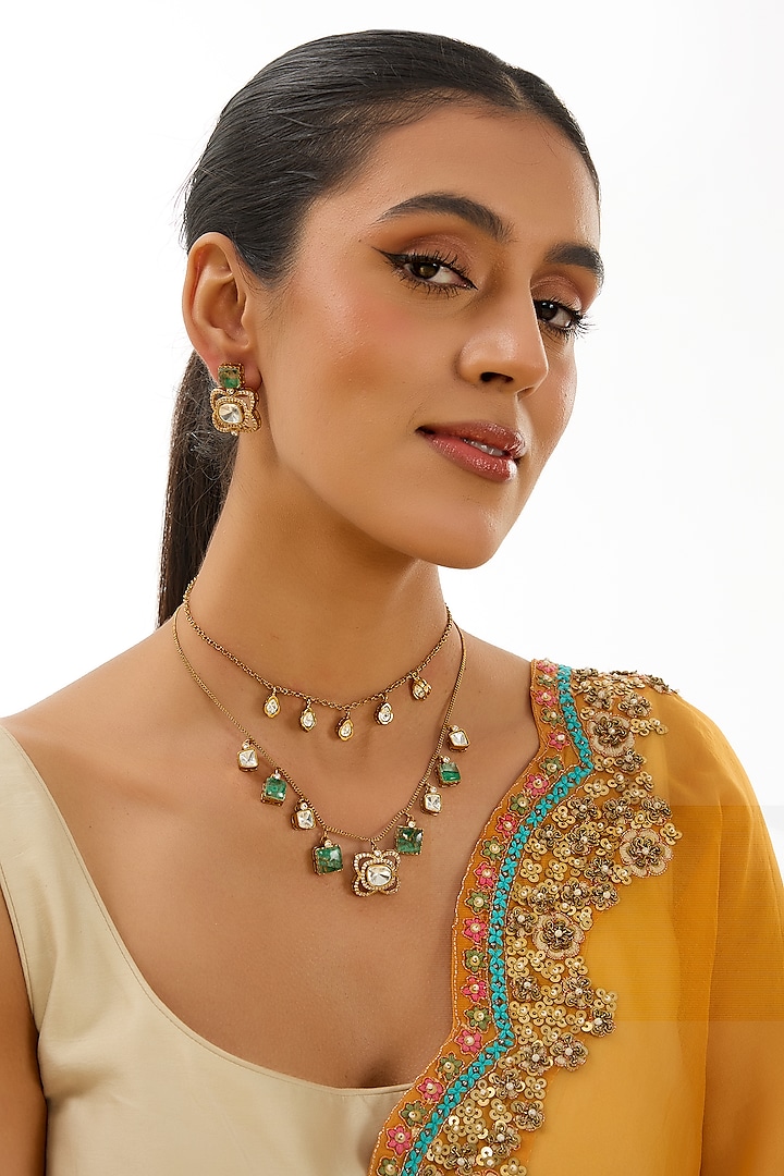 Gold Finish Kundan Polki & Green Stone Layered Necklace Set by Auraa Trends at Pernia's Pop Up Shop