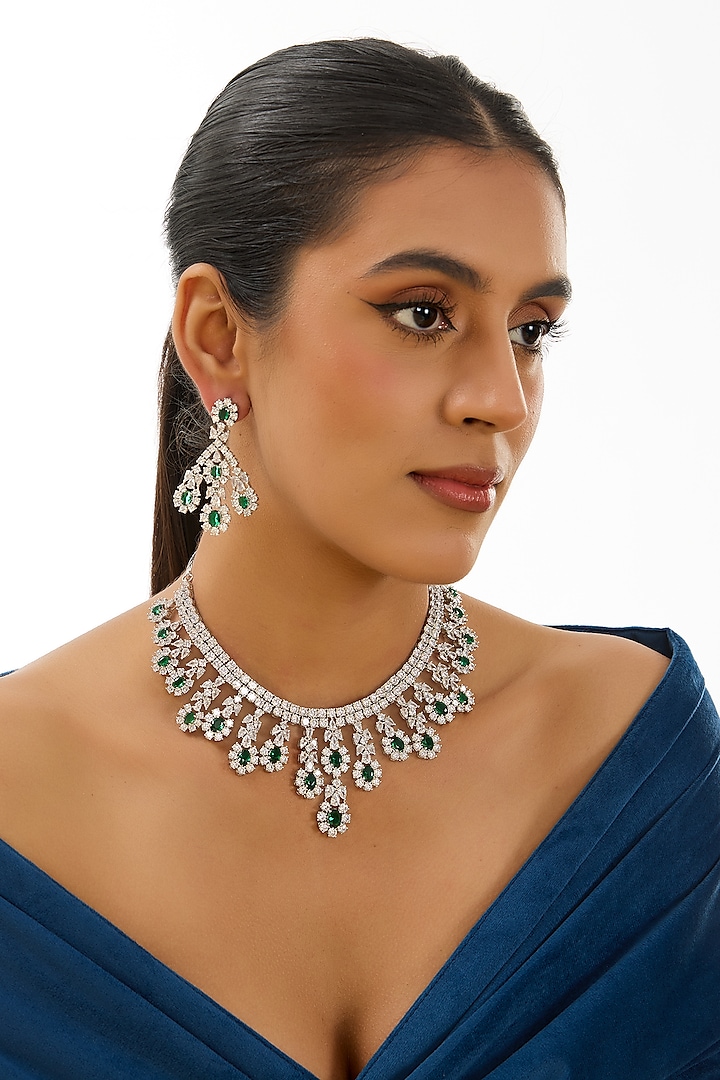 White Finish Kundan Polki & Emerald Green Stone Necklace Set by Auraa Trends at Pernia's Pop Up Shop