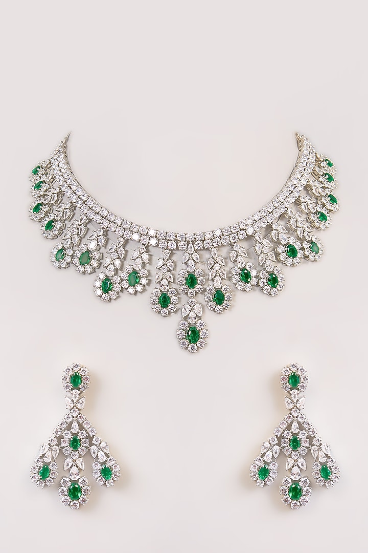 White Finish Kundan Polki & Emerald Green Stone Necklace Set by Aura Trends at Pernia's Pop Up Shop