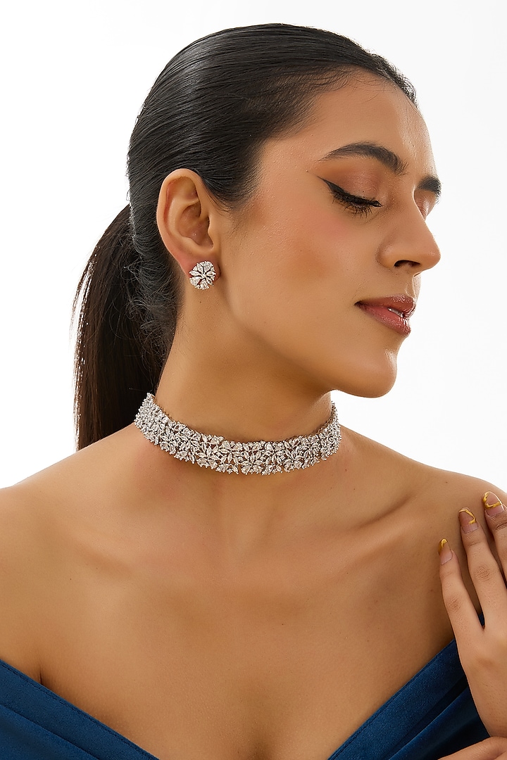 White Finish Kundan Polki & Grey Stone Choker Necklace Set by Auraa Trends at Pernia's Pop Up Shop