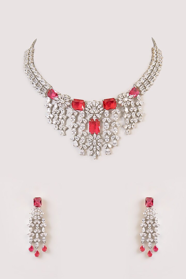 White Finish Kundan Polki & Red Stone Necklace Set by Aura Trends at Pernia's Pop Up Shop