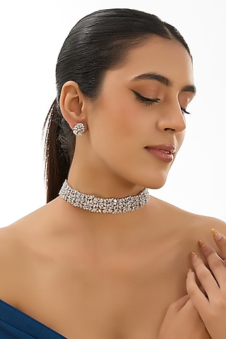 White Finish Zircon Choker Necklace Set by Aura Trends