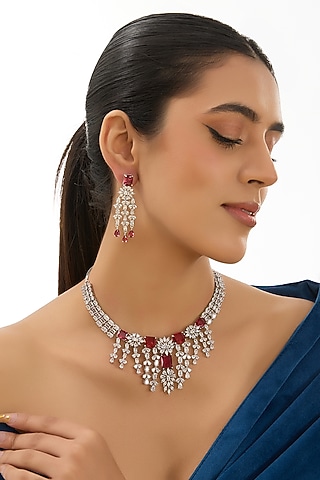 White Finish Red Zircon Necklace Set by Aura Trends