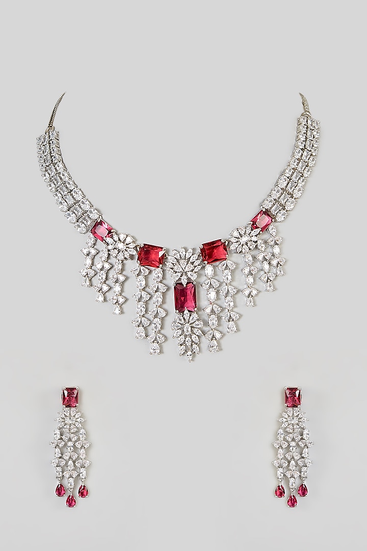 White Finish Red Zircon Necklace Set by Aura Trends at Pernia's Pop Up Shop