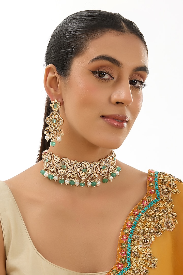 Gold Finish Kundan Polki Necklace Set by Aura Trends at Pernia's Pop Up Shop