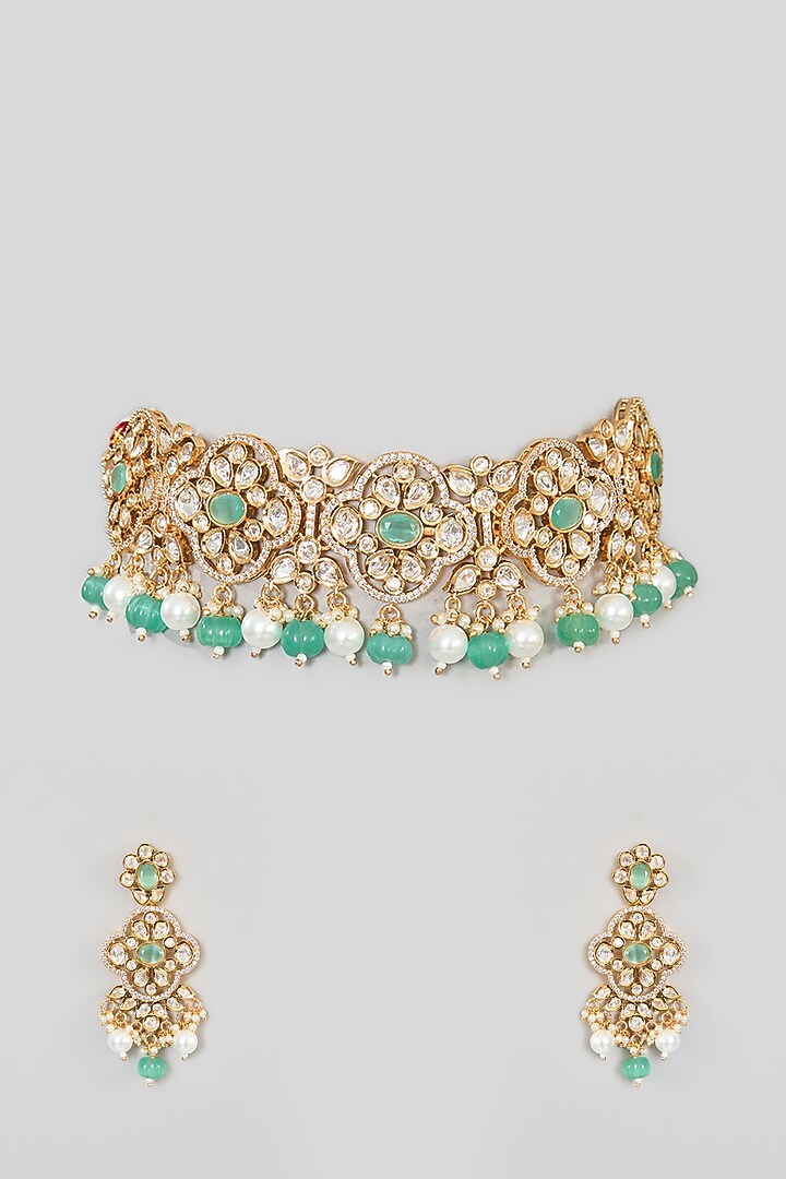 Gold Finish Kundan Polki Necklace Set by Aura Trends at Pernia's Pop Up Shop