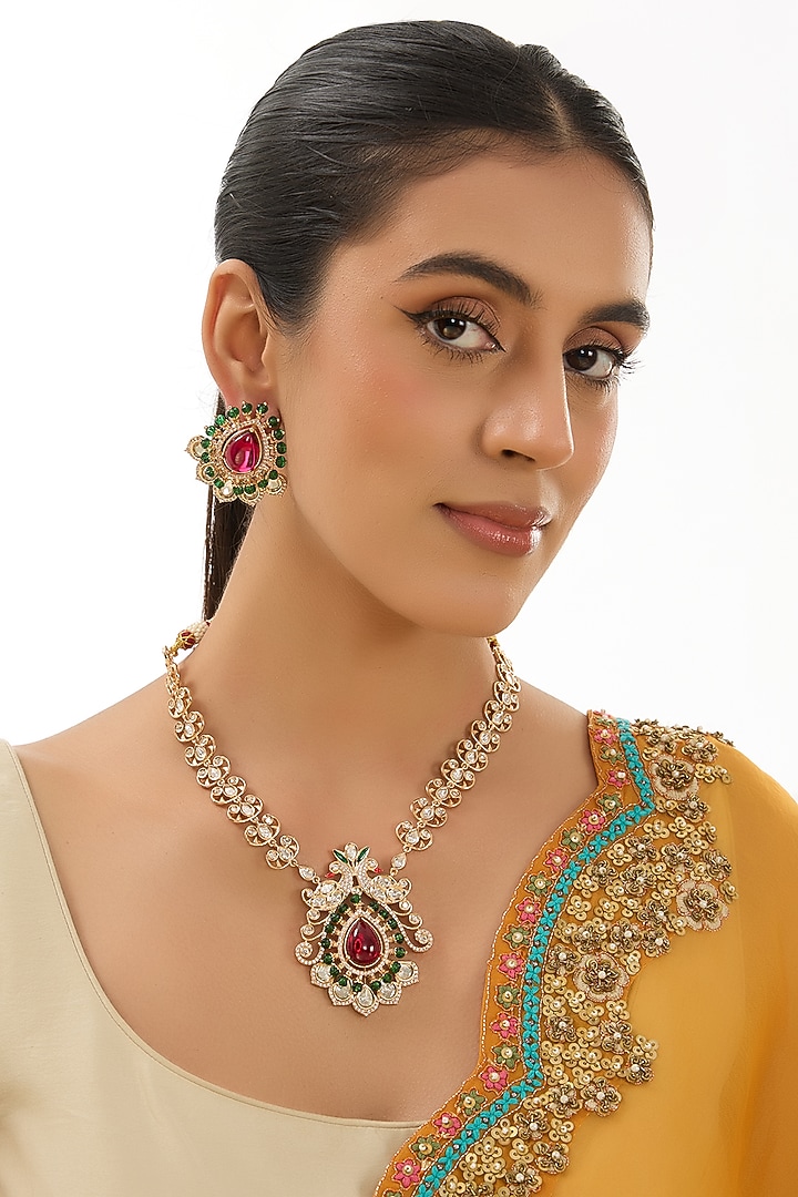 Gold Finish Kundan Polki Necklace Set by Aura Trends at Pernia's Pop Up Shop