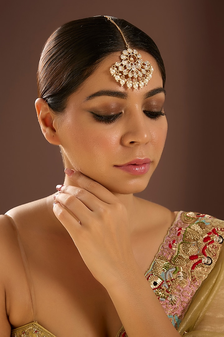 Gold Finish Kundan Polki & Pearl Maangtikka by Auraa Trends at Pernia's Pop Up Shop