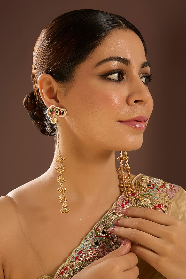 Gold Finish Kundan Polki & Pearl Dangler Earrings by Auraa Trends at Pernia's Pop Up Shop