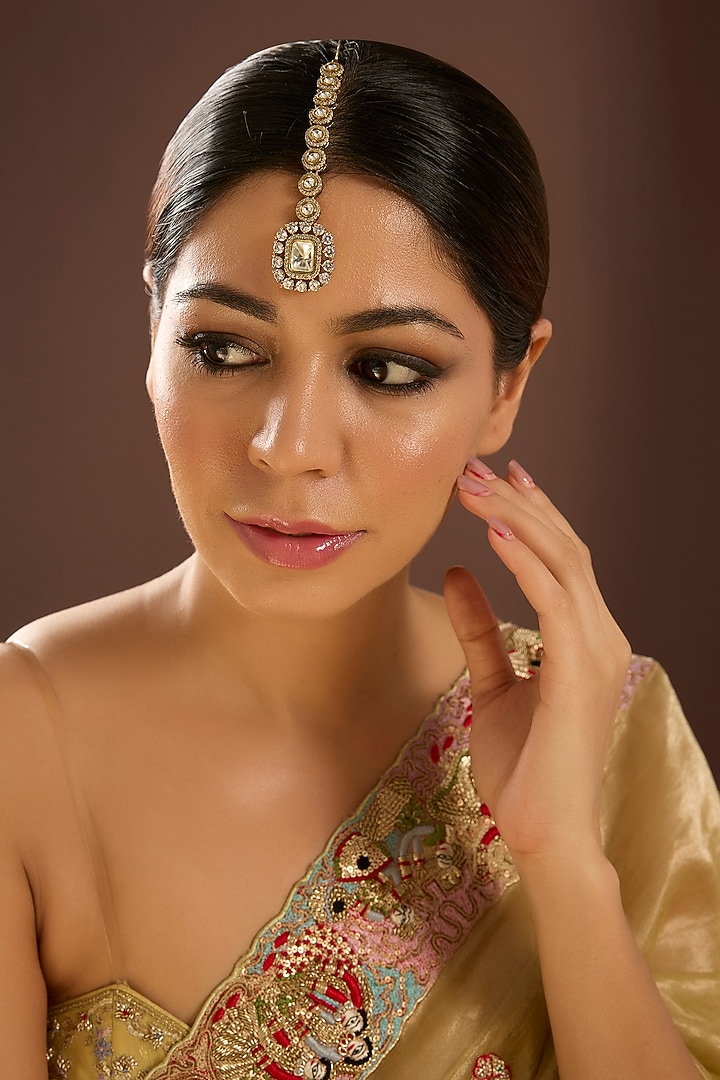 Antique Gold Finish Kundan Polki & Pearl Maangtikka by Auraa Trends at Pernia's Pop Up Shop