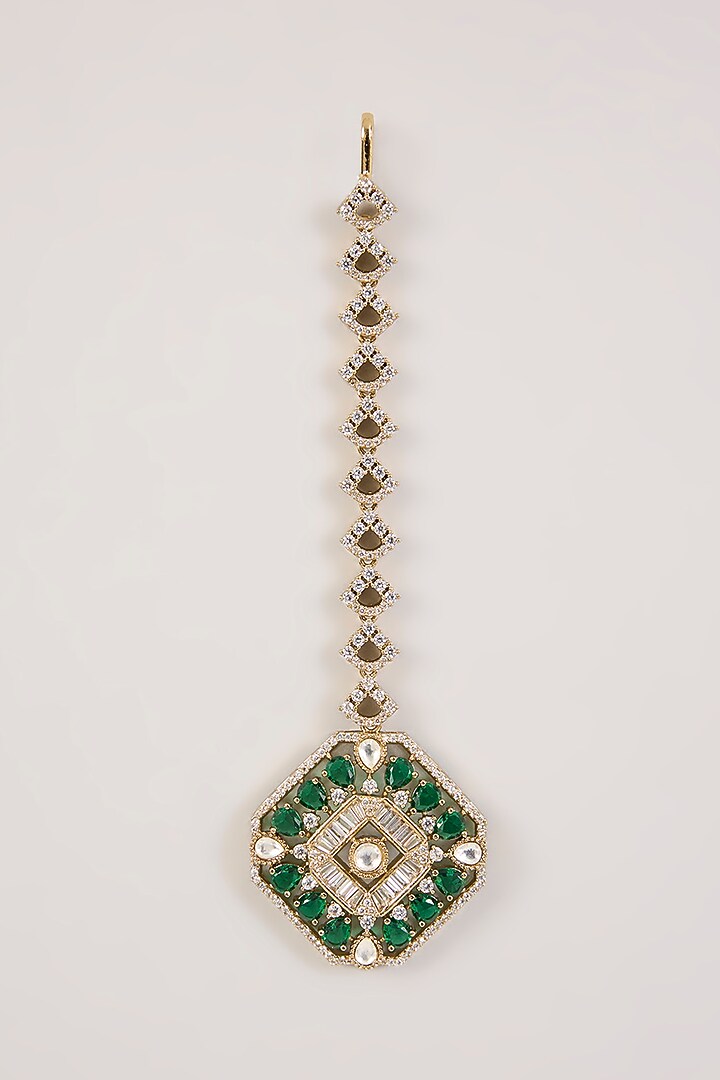 Gold Finish Kundan Polki & Green Gemstone Maangtikka by Aura Trends at Pernia's Pop Up Shop