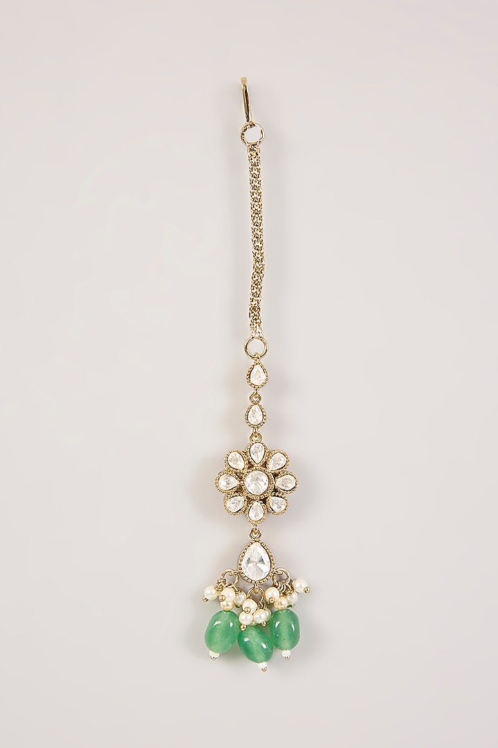 Gold Finish Kundan Polki & Green Gemstone Maangtikka by Aura Trends at Pernia's Pop Up Shop