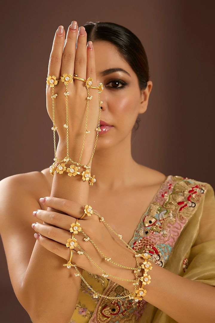 Gold Finish Floral Hand Harness (Set Of 2) by Auraa Trends at Pernia's Pop Up Shop