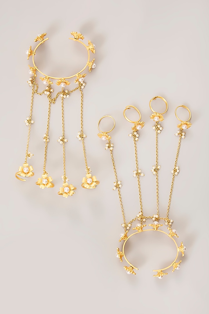 Gold Finish Floral Hand Harness (Set Of 2) by Aura Trends at Pernia's Pop Up Shop