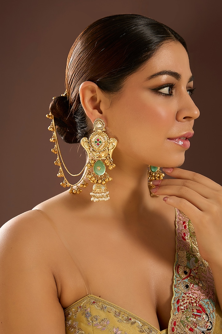 Gold Finish Kundan Polki & Green Stone Dangler Earrings by Auraa Trends at Pernia's Pop Up Shop