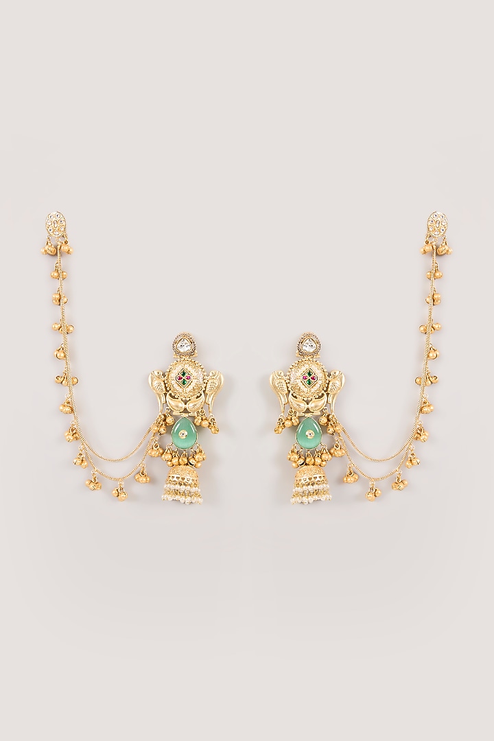 Gold Finish Kundan Polki & Green Stone Dangler Earrings by Aura Trends at Pernia's Pop Up Shop