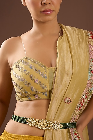 Gold Finish Kundan Polki & Emerald Green Beaded Kamarbandh by Aura Trends