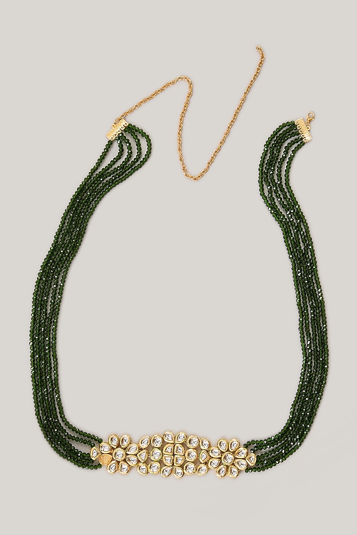 Gold Finish Kundan Polki & Emerald Green Beaded Kamarbandh by Aura Trends at Pernia's Pop Up Shop