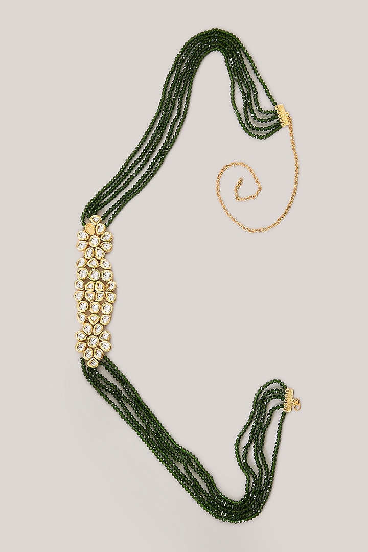 Gold Finish Kundan Polki & Emerald Green Beaded Kamarbandh by Aura Trends at Pernia's Pop Up Shop