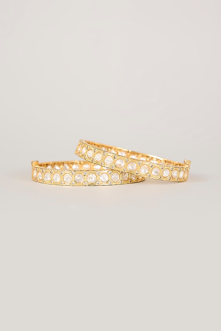 Gold Finish Kundan Polki & CZ Stone Bangles (Set Of 2) by Aura Trends at Pernia's Pop Up Shop