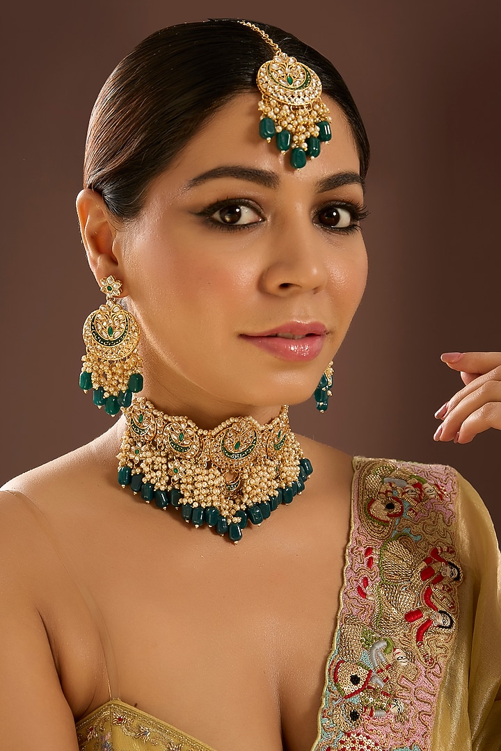 Gold Finish Kundan Polki & Green Beaded Choker Necklace Set by Auraa Trends at Pernia's Pop Up Shop