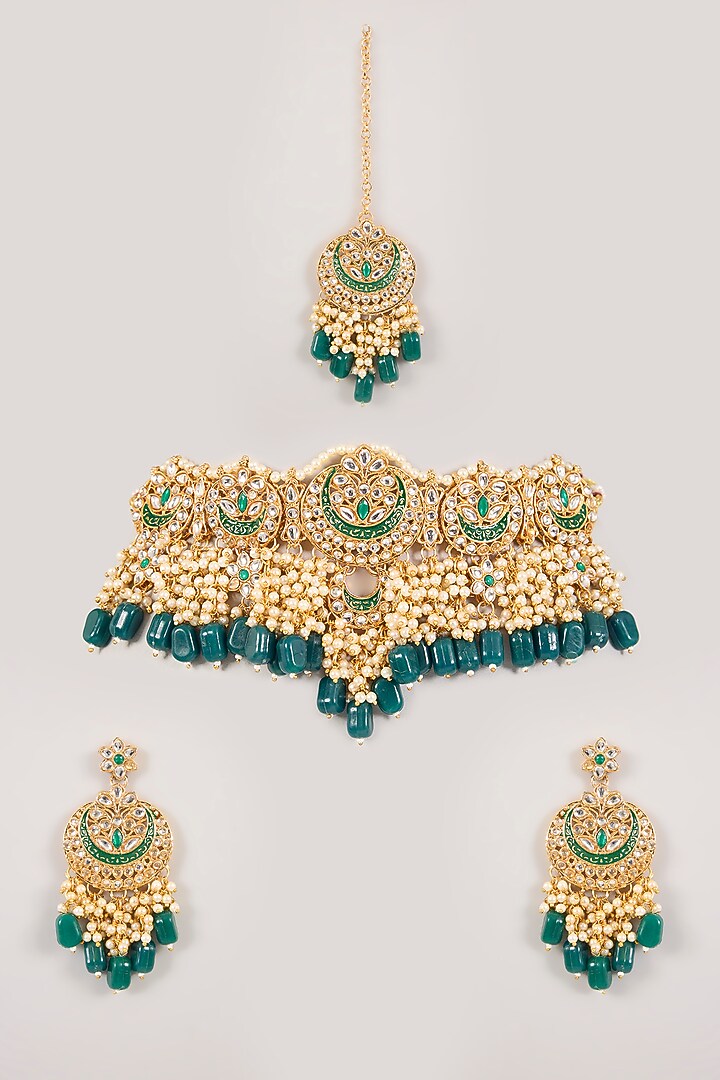 Gold Finish Kundan Polki & Green Beaded Choker Necklace Set by Aura Trends at Pernia's Pop Up Shop