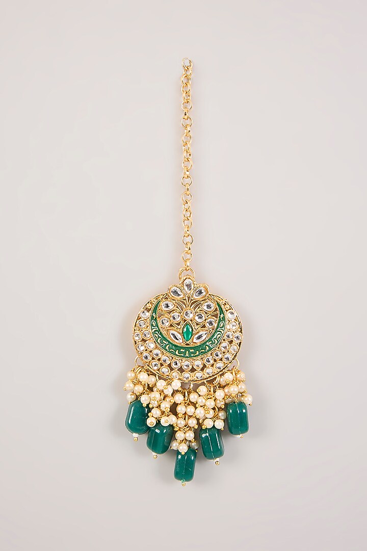 Gold Finish Kundan Polki & Green Beaded Choker Necklace Set by Aura Trends at Pernia's Pop Up Shop