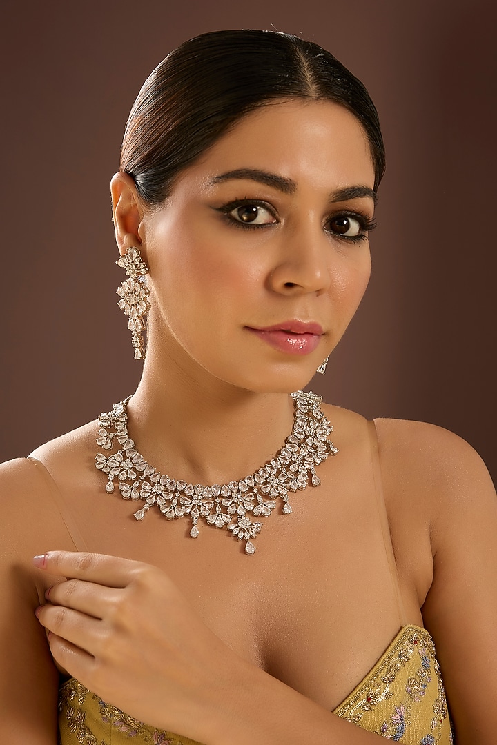 Silver Finish Cubic Zircon Necklace Set by Auraa Trends at Pernia's Pop Up Shop