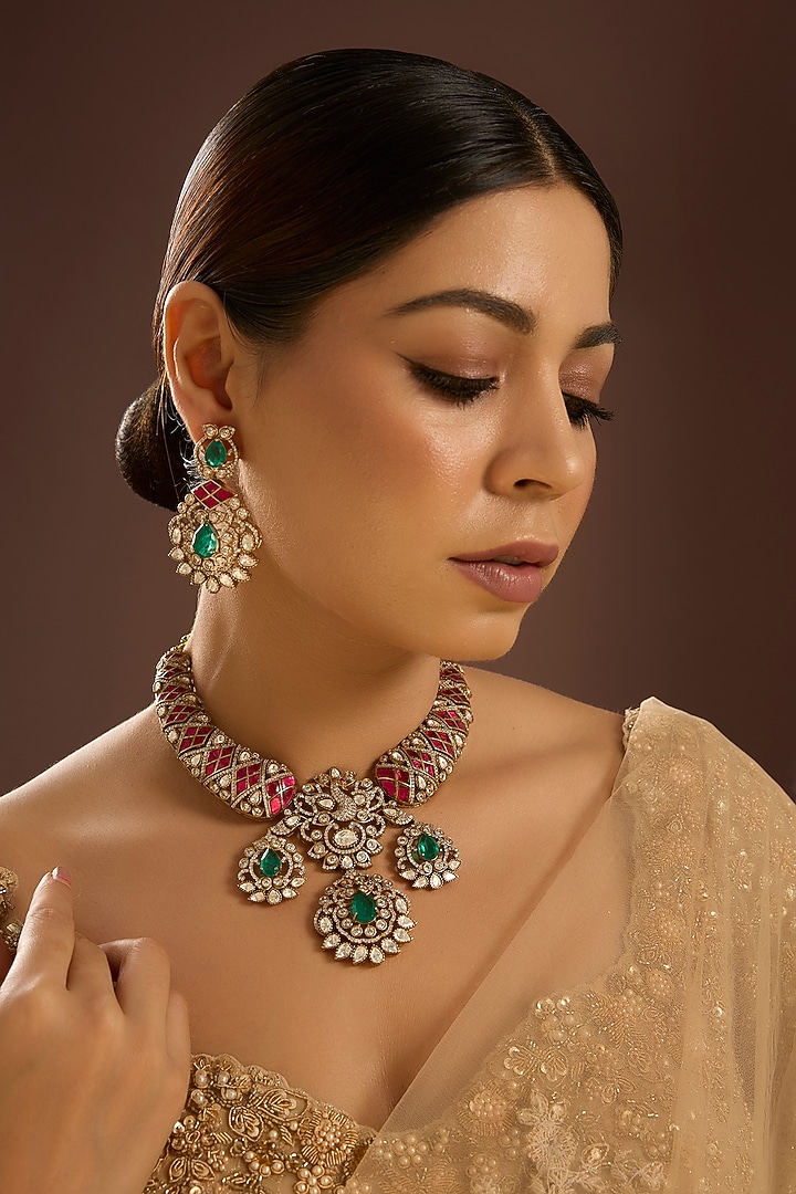 Gold Finish Kundan Polki & Ruby Stone Choker Necklace Set by Auraa Trends at Pernia's Pop Up Shop