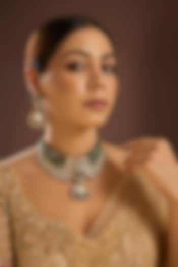 Gold Finish Kundan Polki & Green Beaded Choker Necklace Set by Auraa Trends at Pernia's Pop Up Shop