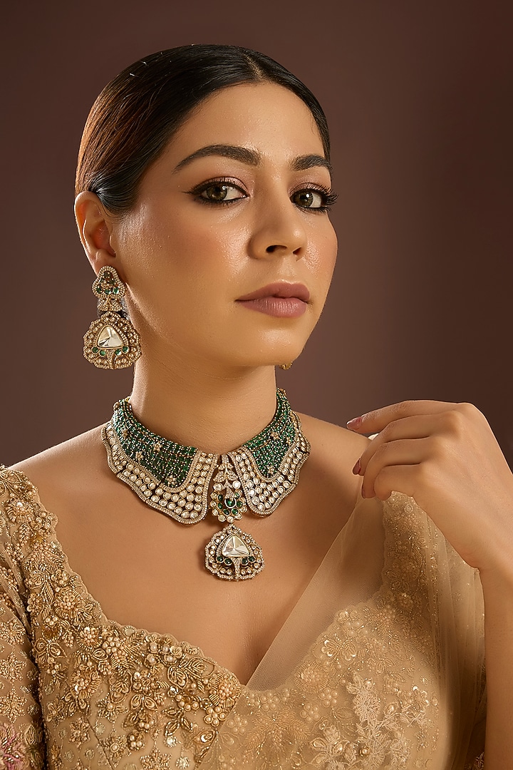 Gold Finish Kundan Polki & Green Beaded Choker Necklace Set by Auraa Trends at Pernia's Pop Up Shop
