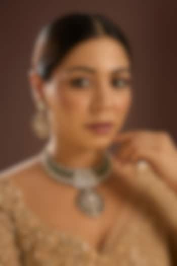 Gold Finish Kundan Polki & Green Stone Handcrafted Choker Necklace Set by Auraa Trends at Pernia's Pop Up Shop